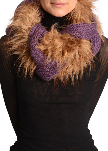 Purple Pink Knitted Plait Style Snood With Faux Fur