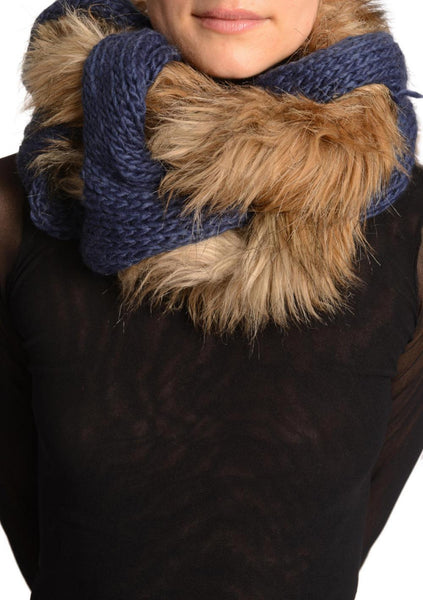 Navy Blue Knitted Plait Style Snood With Faux Fur