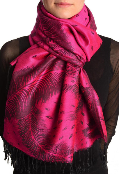 Peacock Feathers On Magenta Pink Pashmina With Tassels