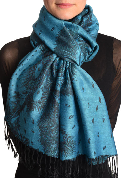 Peacock Feathers On Teal Blue Pashmina With Tassels