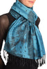 Peacock Feathers On Teal Blue Pashmina With Tassels