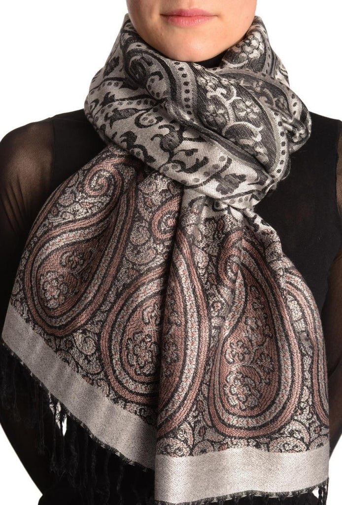 Reversed Paisley On Silver Grey Pashmina With Tassels
