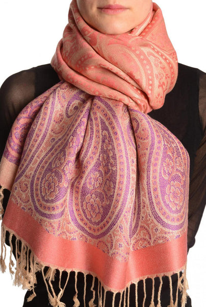 Reversed Paisley On Coral Pink Pashmina With Tassels