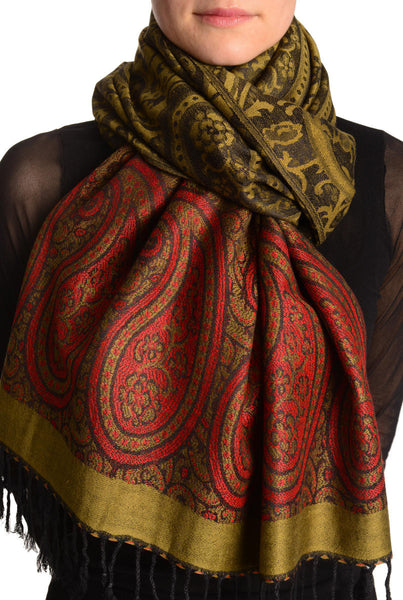 Reversed Paisley On Olive Green Pashmina With Tassels