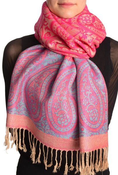 Reversed Paisley On Magenta Pink Pashmina With Tassels