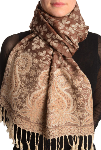 Small Clovers On Chocolate Brown Pashmina With Tassels