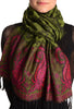 Small Clovers On Olive Green Pashmina With Tassels