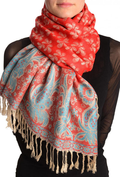 Small Clovers On Red Pashmina With Tassels