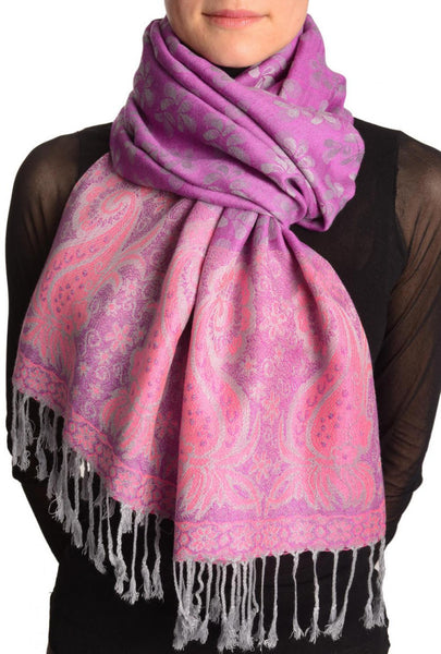 Small Clovers On Violet Pashmina With Tassels