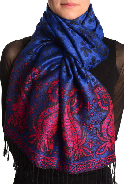 Small Clovers On Ultramarine Blue Pashmina With Tassels