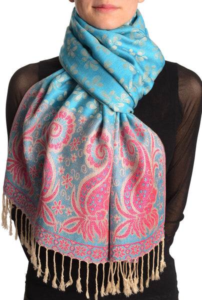 Small Clovers On True Blue Pashmina With Tassels