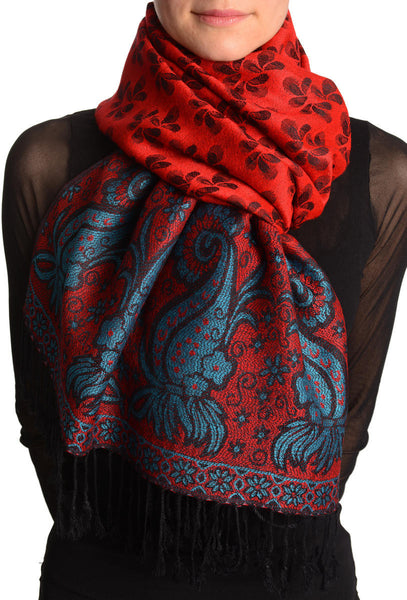 Small Clovers On Red Pashmina With Tassels