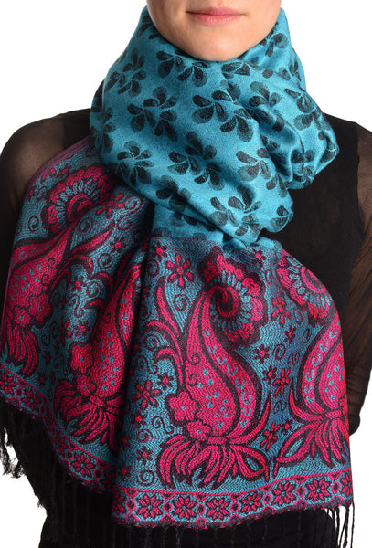 Small Clovers On Sapphire Blue Pashmina With Tassels