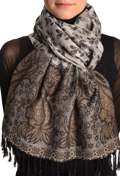 Small Clovers On Silver Grey Pashmina With Tassels