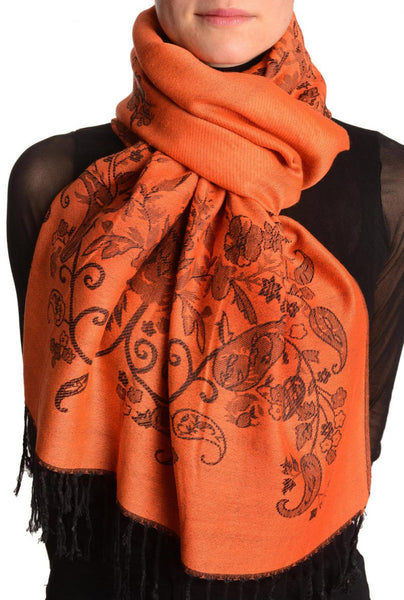 Roses Frame On Orange Pashmina With Tassels