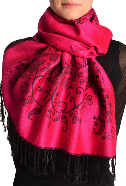 Roses Frame On Magenta Pink Pashmina With Tassels