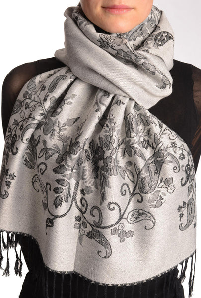 Roses Frame On Silver Grey Pashmina With Tassels