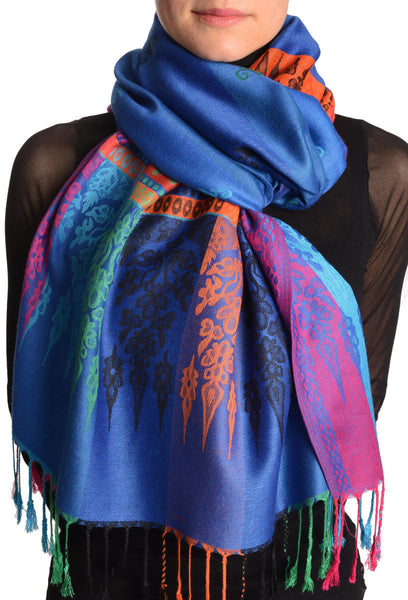 Rainbow Stripes In Dark Blue Pashmina With Tassels