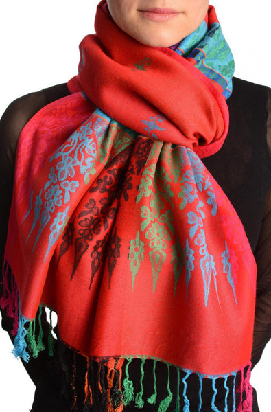 Rainbow Stripes In Red Pashmina With Tassels