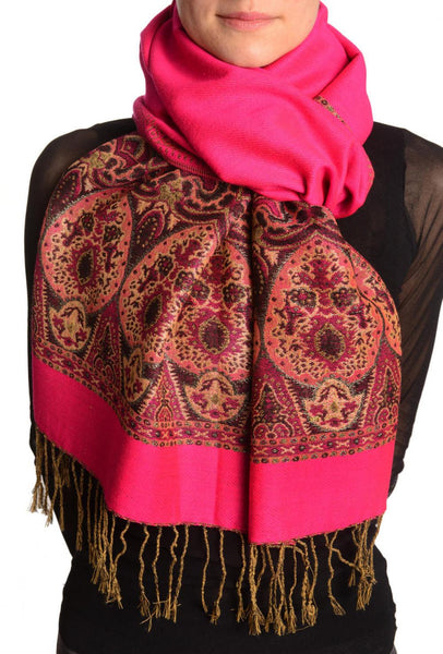 Magenta Pink With Lurex Ornaments Pashmina With Tassels