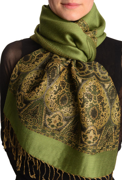 Olive Green With Lurex Ornaments Pashmina With Tassels