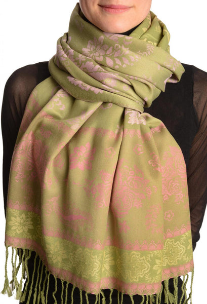 Fern & Flowers On Olive Green Pashmina With Tassels