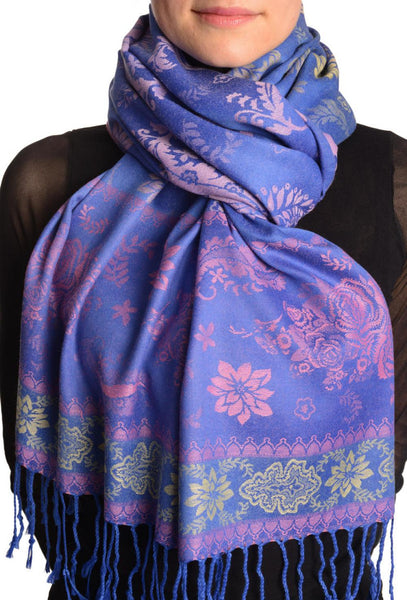 Fern & Flowers On Blue Pashmina With Tassels