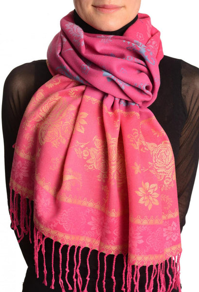 Fern & Flowers On Dark Pink Pashmina With Tassels