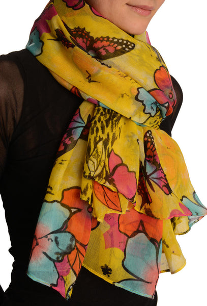 Summer Flowers & Butterflies On Yellow Unisex Scarf & Beach Sarong