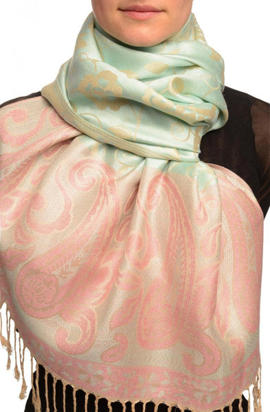 Small Flowers & Paisleys On Tea Green Pashmina With Tassels