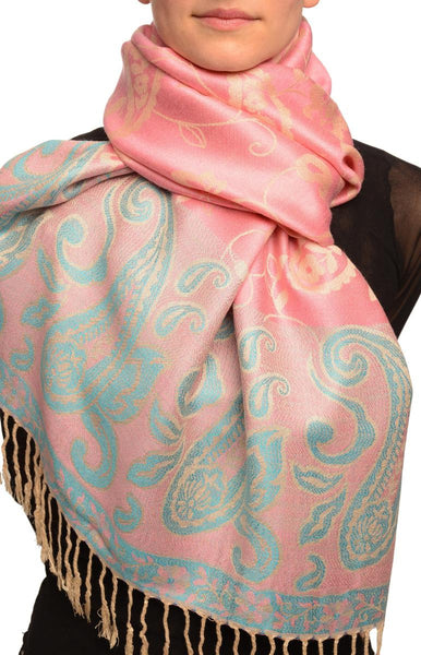Small Flowers & Paisleys On Pink Pashmina With Tassels
