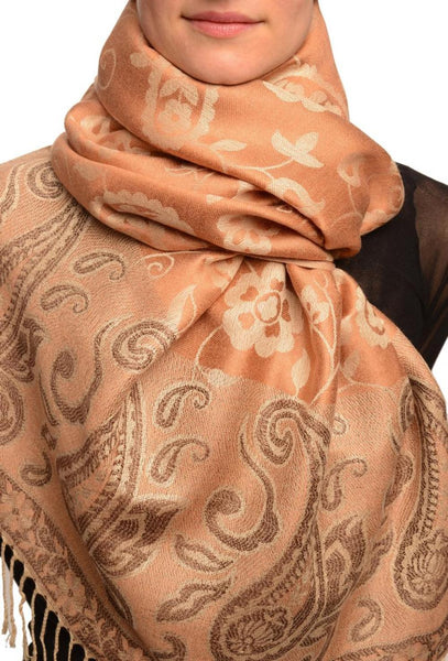Small Flowers & Paisleys On Mocha Pashmina With Tassels