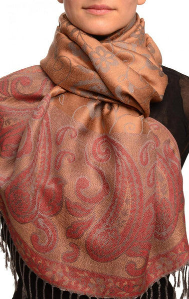 Small Flowers & Paisleys On Brown Pashmina With Tassels