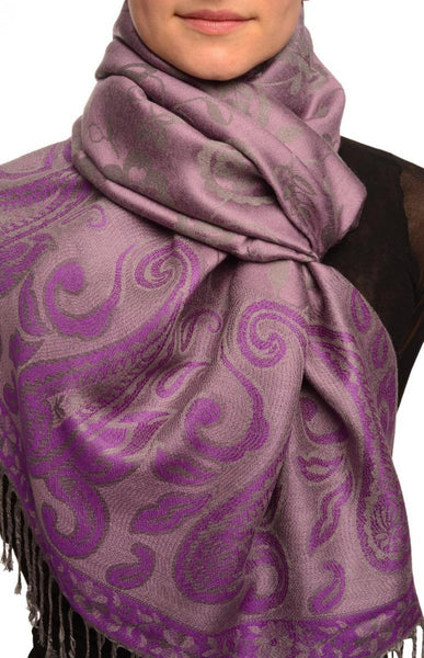 Small Flowers & Paisleys On Purple Pashmina With Tassels