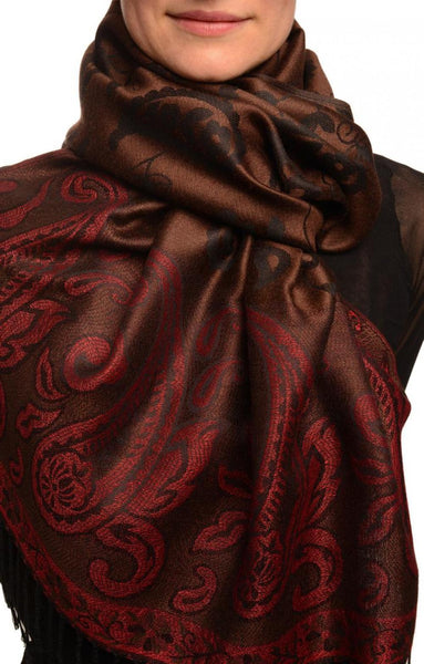 Small Flowers & Paisleys On Dark Brown Pashmina With Tassels