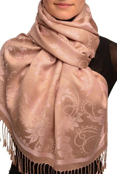 Pink Garden Flowers On Mocha Pashmina With Tassels