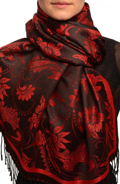 Red Garden Flowers On Black Pashmina With Tassels