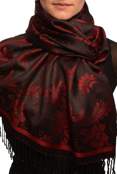 Burgundy Garden Flowers On Black Pashmina With Tassels