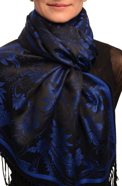 Blue Garden Flowers On Black Pashmina With Tassels