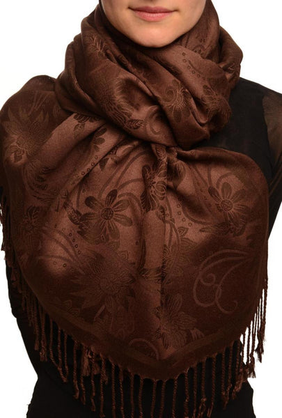 Brown Garden Flowers On Brown Pashmina With Tassels