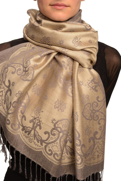 Small Butterflies On Grey Pashmina With Tassels