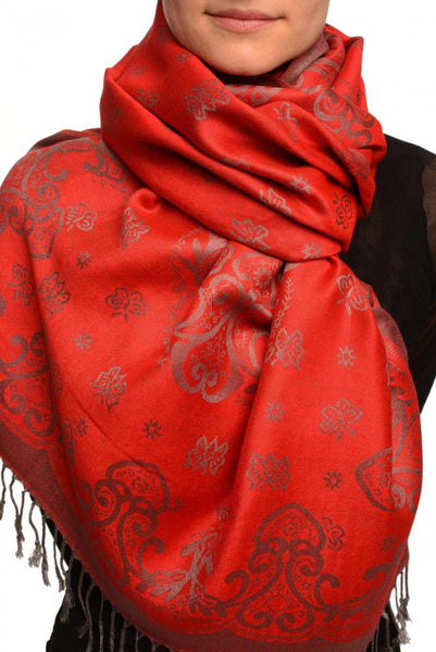 Small Butterflies On Red Pashmina With Tassels