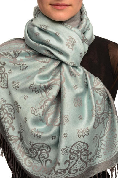 Small Butterflies On Powder Blue Pashmina With Tassels