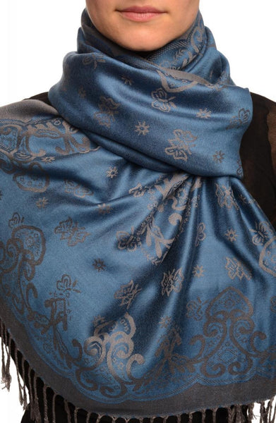 Small Butterflies On Yale Blue Pashmina With Tassels