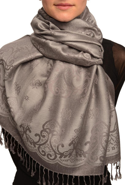 Small Butterflies On Light Grey Pashmina With Tassels