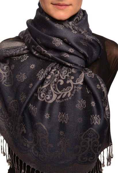 Small Butterflies On Oxford Blue Pashmina With Tassels