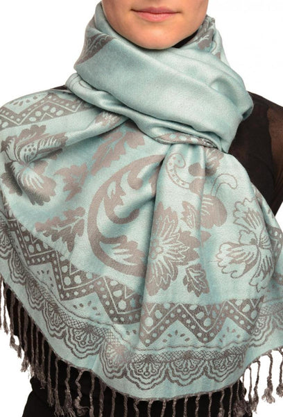 Large Paisley & Roses On Powder Blue Pashmina With Tassels