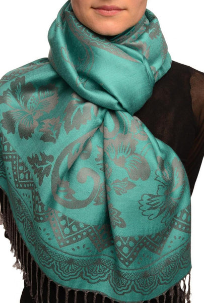 Large Paisley & Roses On Pine Green Pashmina With Tassels