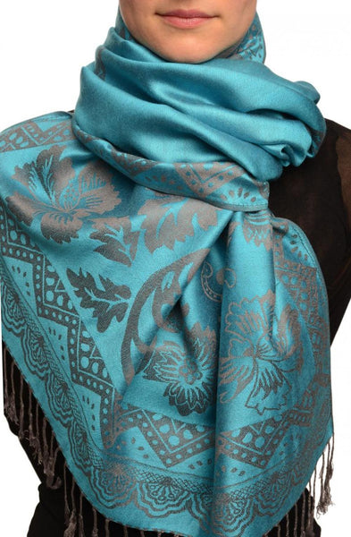 Large Paisley & Roses On Glaucous Blue Pashmina With Tassels