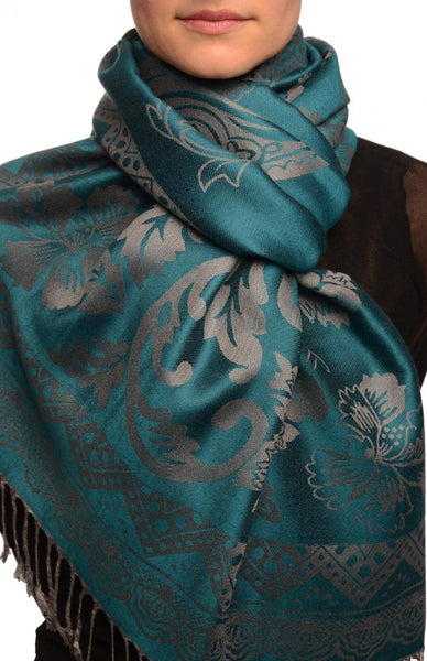 Large Paisley & Roses On Cerulean Blue Pashmina With Tassels